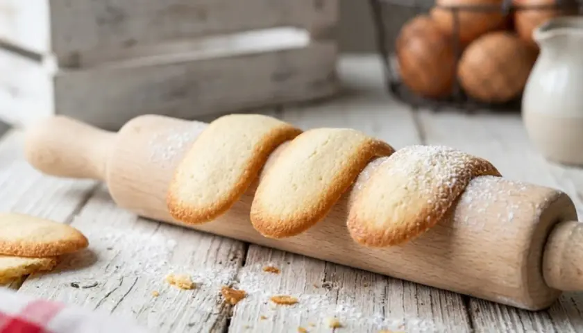 Biscotti lingue di gatto, dorati e spolverati di zucchero a velo, adagiati su un mattarello in legno.