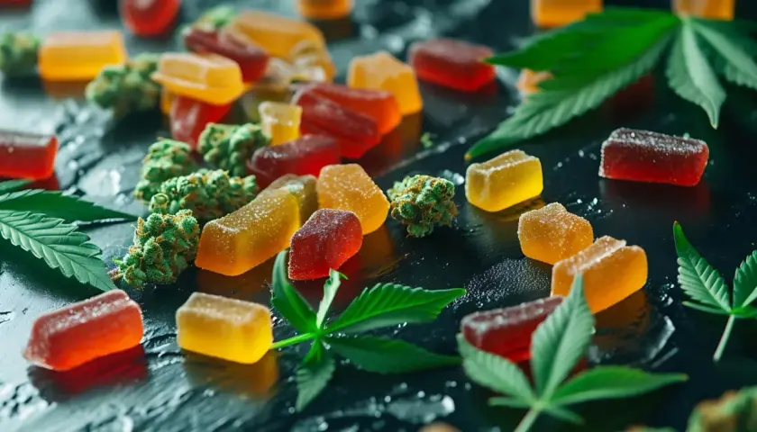 Bunte Hanf Gummibärchen und Cannabis-Blätter auf dunklem Untergrund. Viele positive Hanf Gummibärchen Erfahrungen werden hier geteilt.