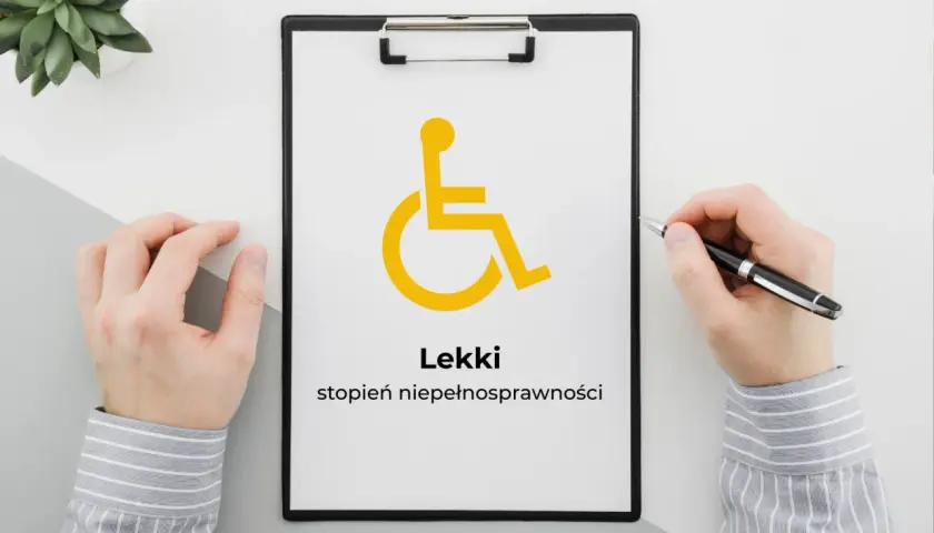 Na kartce widnieje symbol osoby na wózku inwalidzkim i napis "Lekki stopień niepełnosprawności".