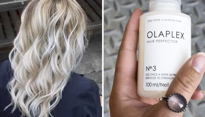 Blont, vågigt hår och en flaska Olaplex No. 3. Vissa upplever biverkningar av Olaplex, men många älskar resultatet.