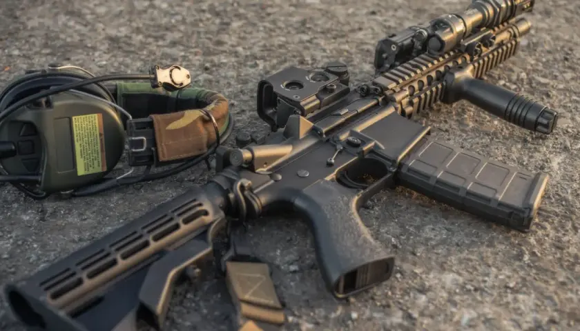 Karabin AR-15 z magazynkiem i słuchawkami ochronnymi. Dowiedz się, jak najłatwiej dostać pozwolenie na broń.