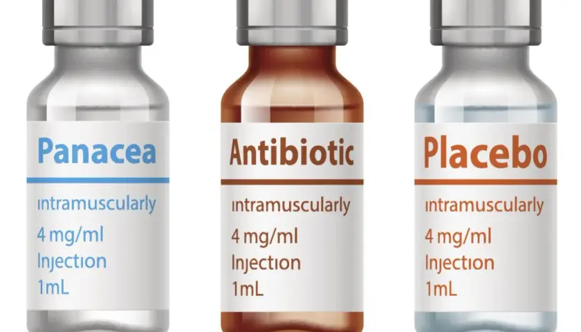 Trzy fiolki z lekami: "Panacea", "Antibiotic" i "Placebo". Zespół muzyczny Placebo mógłby nagrać piosenkę o tych lekach.