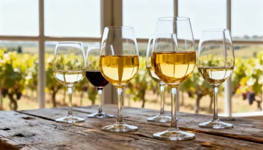 Verre de vin jaune sucré, avec un vignoble en arrière-plan.