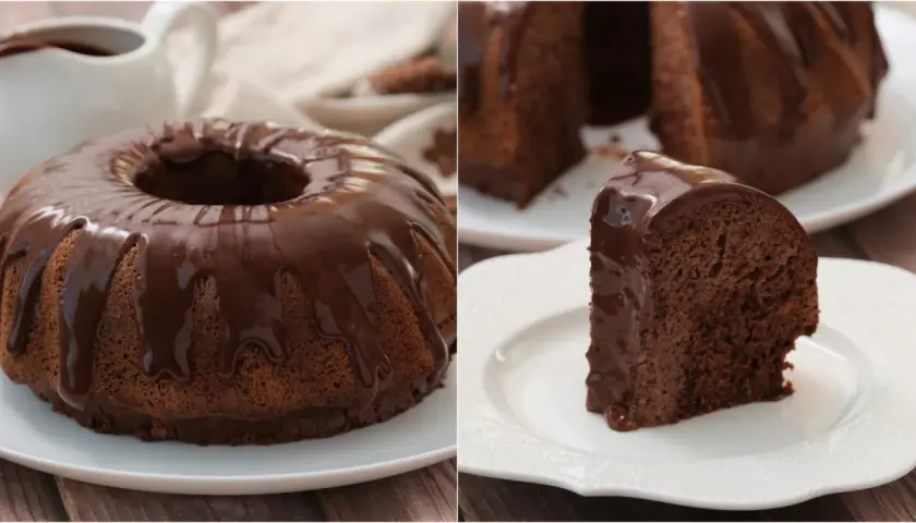 Un delizioso ciambellone al cioccolato, ricoperto da glassa lucida, pronto per essere gustato.
