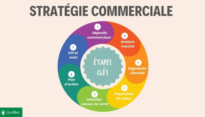 Schéma des étapes clés d'une stratégie commerciale : objectifs, analyse marché, segmentation clientèle, proposition de valeur, canaux de vente, plan d'action, KPI. Le marché cible est au cœur de cette démarche.