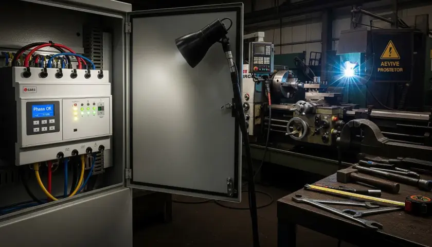 W warsztacie, obok tokarki, gdzie trwa spawanie, znajduje się otwarty panel elektryczny z wyświetlaczem "Phass OK". To przekaźnik kontroli faz, czuwający nad bezpieczeństwem maszyn.