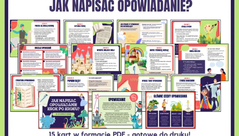 Jak napisać opowiadanie? 15 kart PDF pomoże Ci stworzyć fascynującą historię krok po kroku, od pomysłu po poprawki.