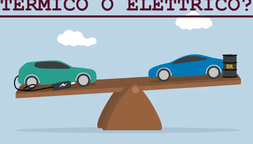 Bilancia tra auto elettrica in carica e auto a benzina con barile d'olio. La scelta per il 2035 auto.