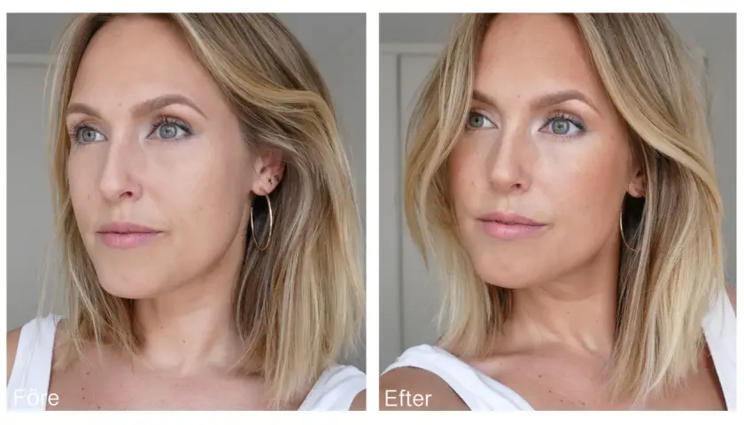 Före och efter-bilder på en kvinna. Efter-bilden visar hur en kall bronzer ger en solkysst look och framhäver kindbenen.