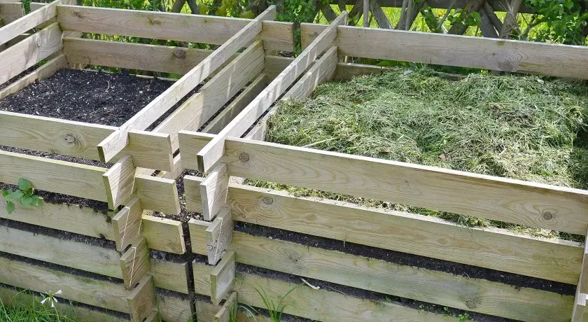 Holzkomposter mit zwei Fächern, eines gefüllt mit Erde, das andere mit frisch gemähtem Gras, bereit zum Kompost zerkleinern.