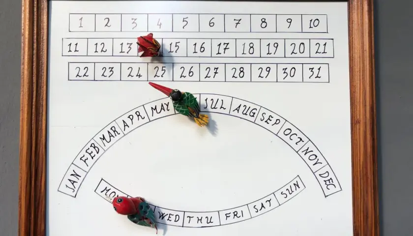 Un calendario fai da te con uccellini decorativi. Le date e i mesi sono scritti a mano, perfette idee calendario fai da te.