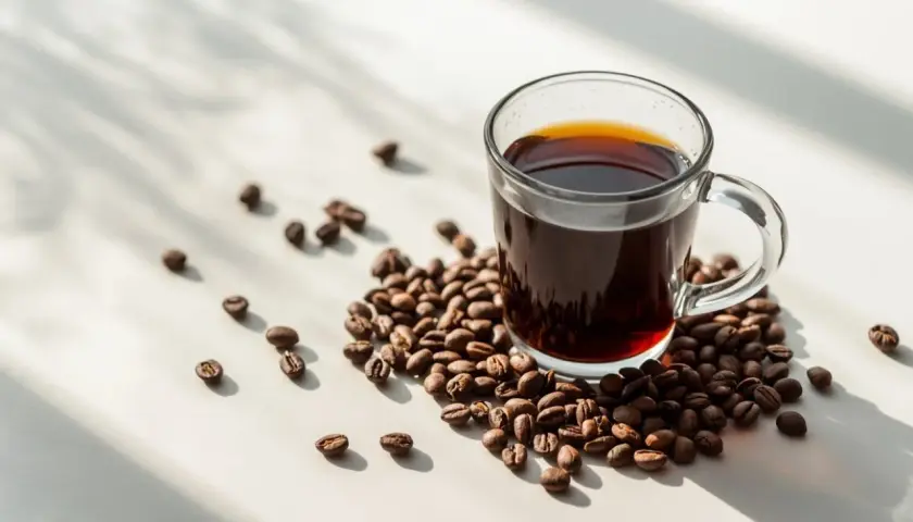 Eine Tasse Filterkaffee mit vielen Kaffeebohnen. Die Frage "wie viel gramm kaffee pro tasse filterkaffee" wird hier visuell angedeutet.