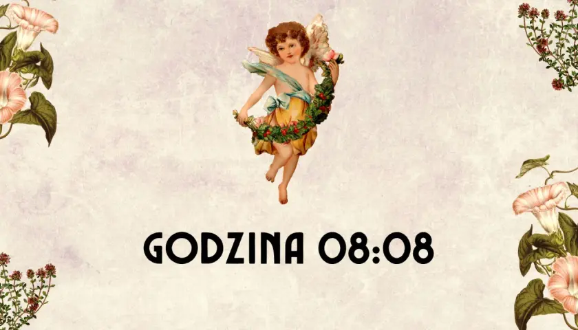 Aniołek z wiankiem, otoczony kwiatami, na tle z napisem "GODZINA 08:08". 0808 znaczenie to czas na marzenia.