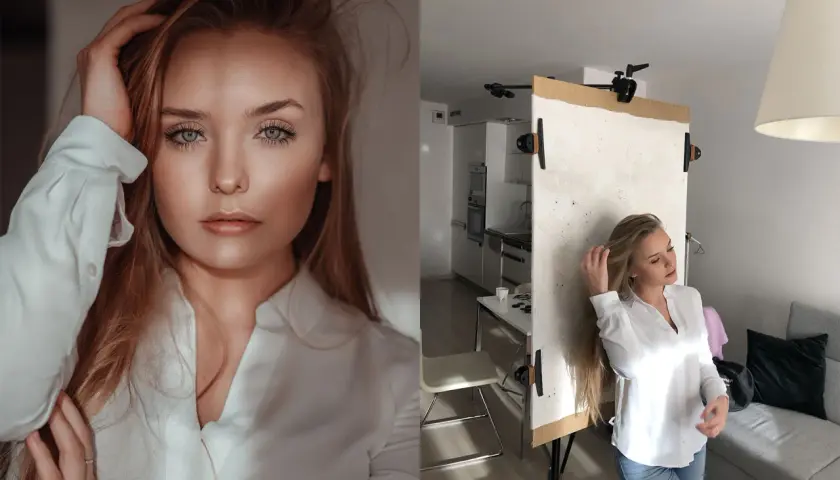 Jak zrobić tło do zdjęć? Modelka pozuje przy białym, teksturowanym tle, które można łatwo stworzyć w domu.