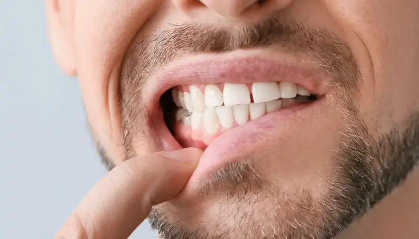 Primo piano di un uomo che mostra i denti e le gengive. Si nota un dito che solleva il labbro, evidenziando le gengive ritirate.