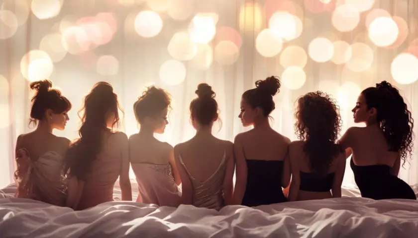 Sept femmes menues, dos tournés, assises sur un lit, dans une ambiance lumineuse et douce.
