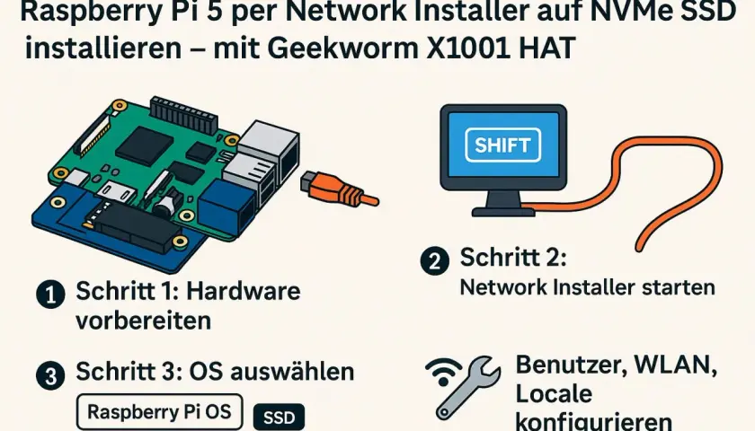 Raspberry Pi 5 mit Geekworm X1001 HAT für ein NAS vorbereiten. Installation per Network Installer auf NVMe SSD.