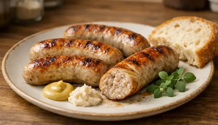Pyszna kiełbasa z airfryer, idealnie zarumieniona, podana z chlebem, musztardą i chrzanem.