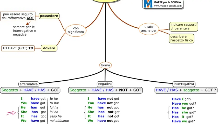 Mappa concettuale su "TO HAVE GOT" per il present perfect, con forme affermative, negative e interrogative, e usi per possedere o descrivere.