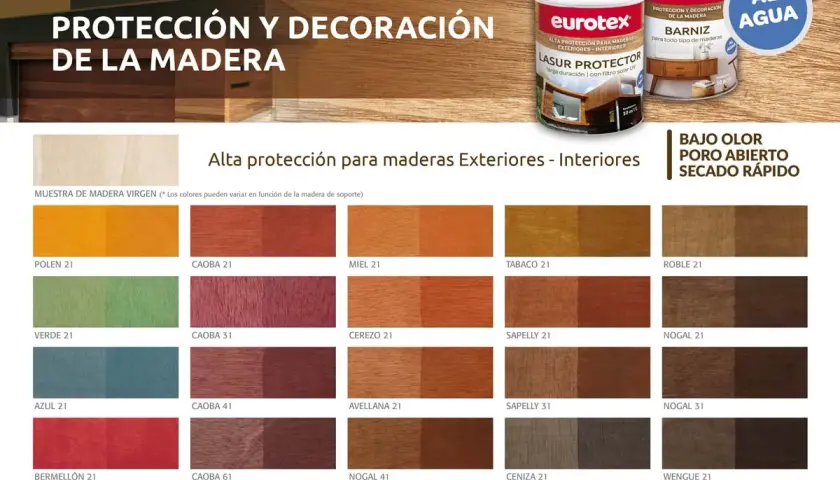 Muestras de colores de barniz para madera, con latas de producto Eurotex. Protección y decoración para exteriores e interiores.
