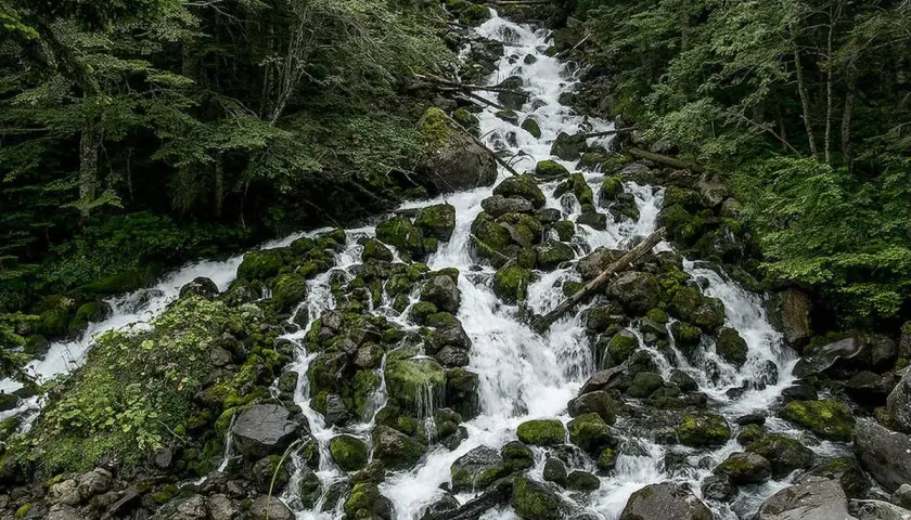 Cascada en los Pirineos, el agua desciende entre rocas cubiertas de musgo, alimentando lagos cristalinos.