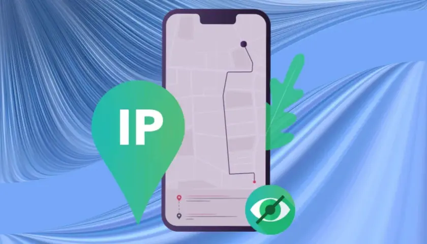 Icono de ubicación con "IP" y un ojo tachado, sugiriendo la acción de bloquear una IP para proteger la privacidad.