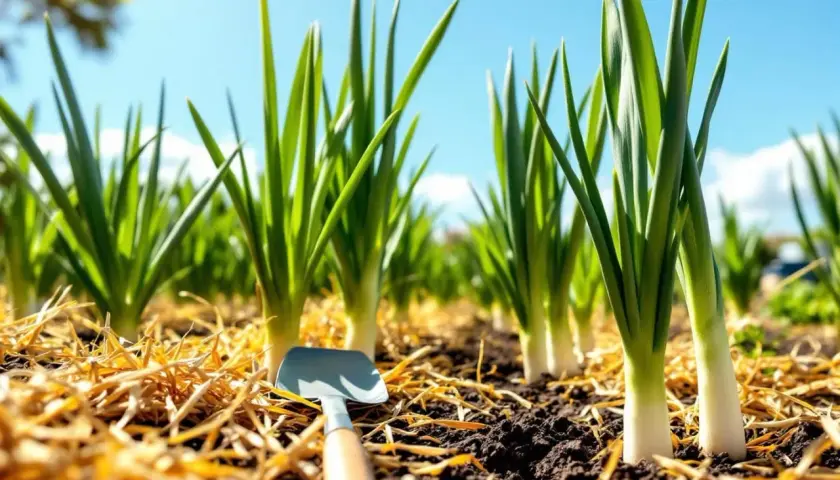 Jeunes poireaux plantés dans un sol riche, paillis de paille et petite pelle. Idéal pour savoir quand planter les poireaux.