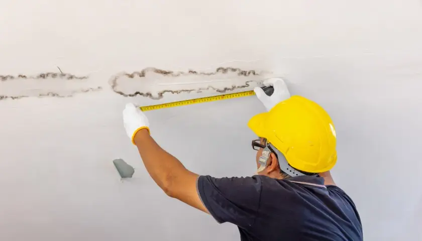 Un homme en casque jaune mesure des taches d'humidité au plafond, cherchant une solution humidité maison.
