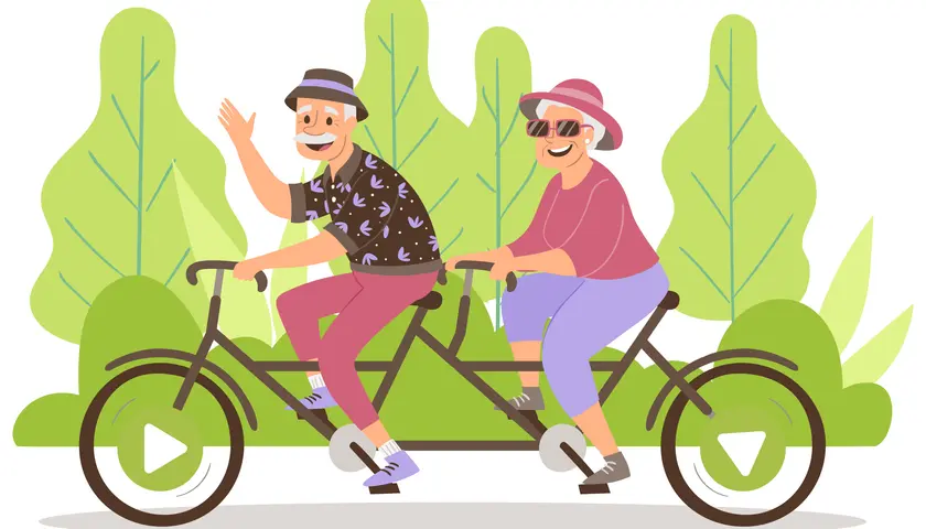 Szczęśliwi seniorzy na rowerze tandemowym, cieszący się aktywnością po odprawie emerytalnej.