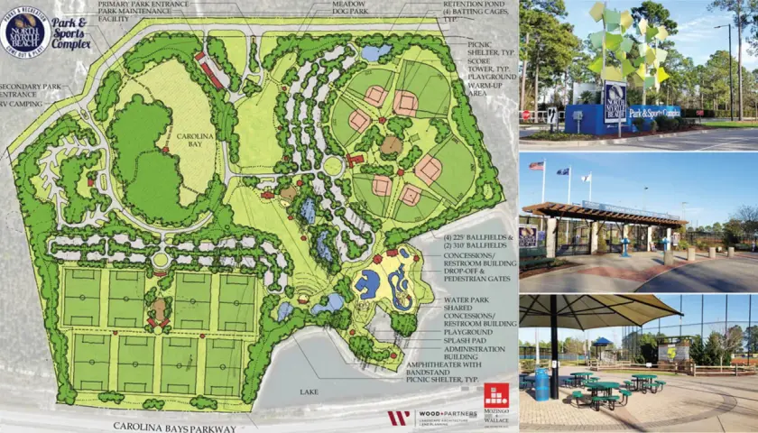 Plan kompleksu sportowego z boiskami, placem zabaw i parkiem wodnym.