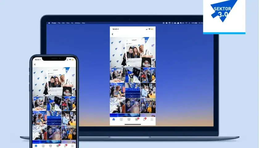 Klonowanie ekranu: iPhone i laptop wyświetlają ten sam profil Instagram z serią zdjęć. Logo "SEKTOR 3.0" widoczne na ekranie laptopa.