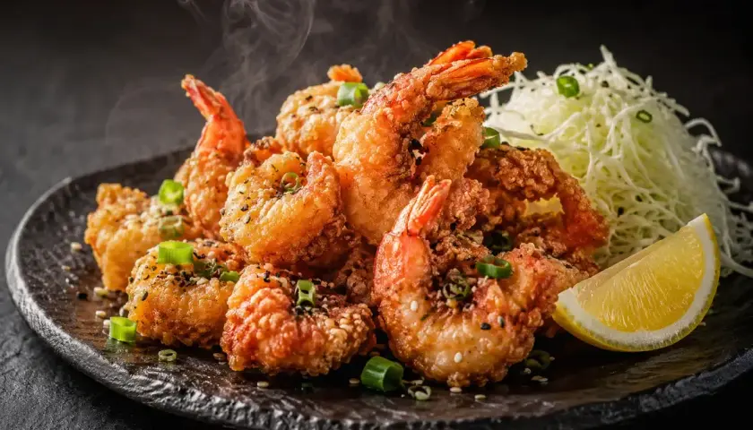 Steaming shrimp karaage, golden and crispy, piled high on a dark plate with shredded cabbage and a lemon wedge.