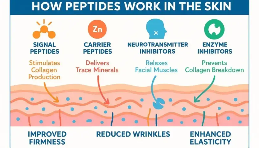 Peptydy na co? Różne rodzaje peptydów działają na skórę: sygnałowe stymulują kolagen, nośnikowe dostarczają minerały, neurotransmiterowe relaksują mięśnie, a enzymatyczne zapobiegają rozpadowi kolagenu.