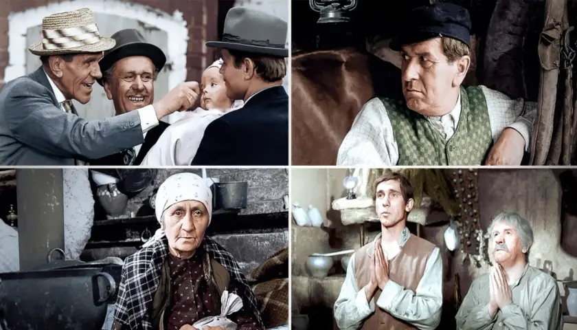 Czteroczęściowy kolaż scen z filmu "Kochaj albo rzuć". Mężczyźni w kapeluszach, dziecko, starsza kobieta i dwaj mężczyźni z dłońmi złożonymi do modlitwy.