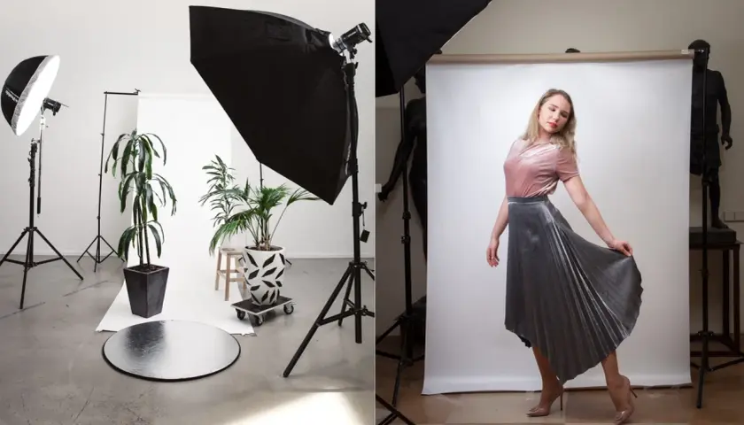 Przygotowania do sesji w domowym studio. Po lewej: rośliny i sprzęt oświetleniowy. Po prawej: modelka w eleganckiej stylizacji.
