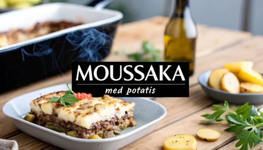 En portion moussaka med potatis ångar på ett fat. Bredvid syns en skål med potatisskivor och en flaska olivolja.