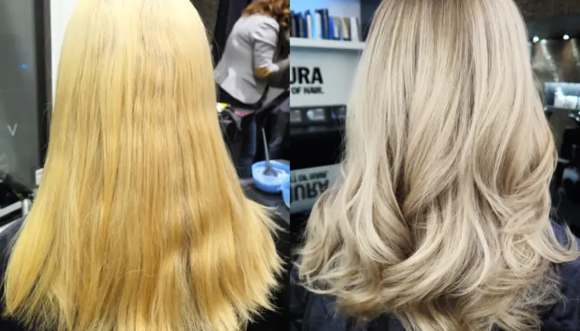 Före och efterbild på en hårförvandling. Det gula håret har fått en mjuk och fin ombre med blonda toner.