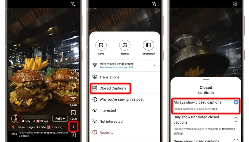 Handy-Display zeigt, wie man untertitel ausschalten kann. Drei Screenshots zeigen den Weg über das Menü zu den Einstellungen für Untertitel.