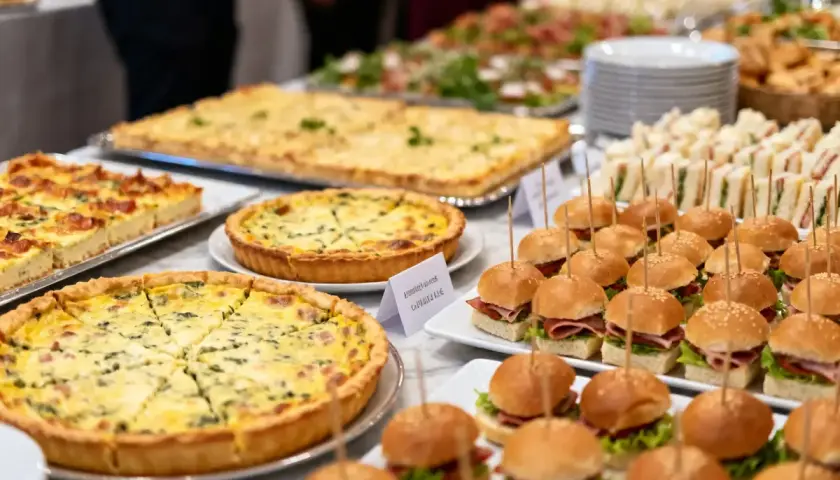 Buffet du Nouvel An : tartes salées, mini-burgers et sandwichs triangulaires, une belle idée pour un repas convivial.