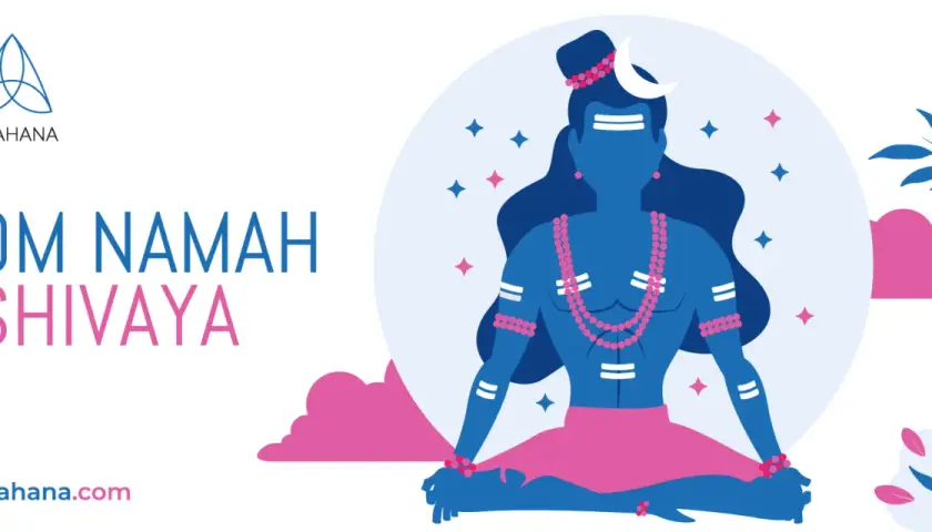 Ilustracja przedstawia Shivę w medytacji, z napisem "OM NAMAH SHIVAYA ZNACZENIE".