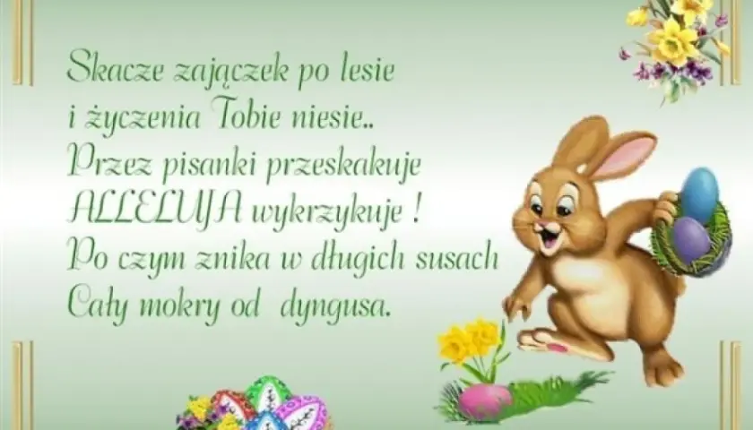 Wesołych Świąt! Zajączek z koszyczkiem pisanek niesie krótkie życzenia wielkanocne.