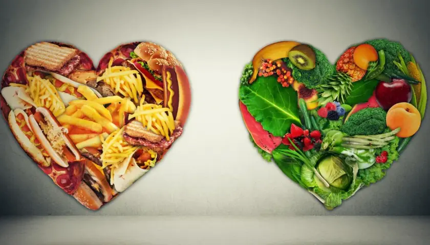 Dwa serca: jedno z fast foodów, drugie z warzyw i owoców. Wybór wpływa na cholesterol nie hdl norma.