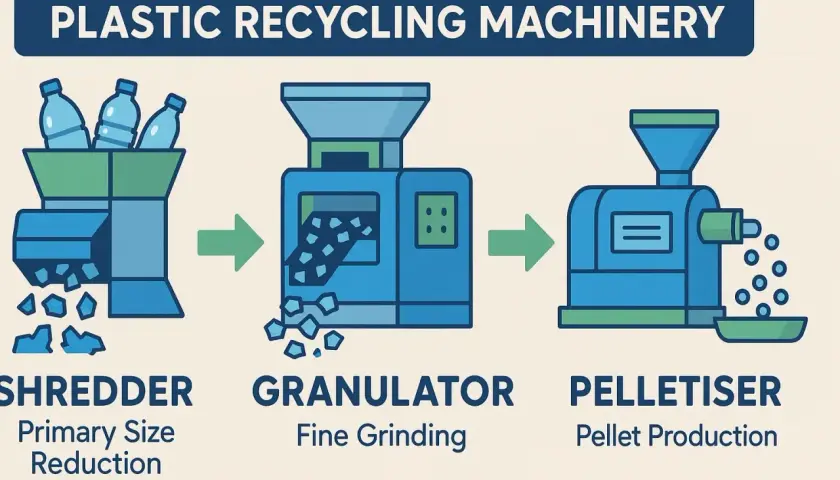 Schemat recyklingu plastiku: shredder rozdrabnia butelki, granulator mieli je na drobne kawałki, a pelletiser tworzy granulki. To jak maszyna do kruszenia skał, tylko dla plastiku.