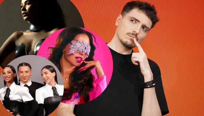 Kolaż zdjęć z Eurowizji pierwszy półfinał: artystka w błyszczącej kreacji, wokalistka w różowej stylizacji z ozdobą na oczach i trio w eleganckich strojach.