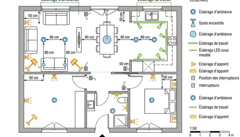 Plan d'une maison avec différents types d'éclairage : d'ambiance, de travail, d'appoint. Chaque pièce est étudiée pour un confort lumineux optimal, avec des indications de distance et de lumen par pièce.