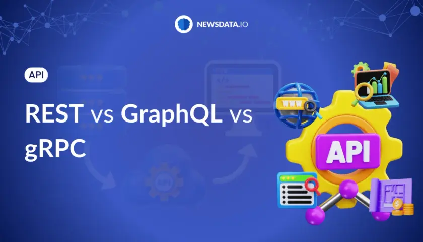 Porównanie różnych rodzajów API: REST, GraphQL i gRPC. Grafika przedstawia ikony symbolizujące technologie i dane.