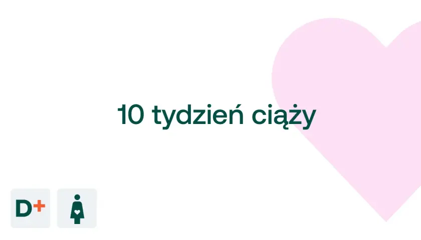 10 tydzień ciąży. D+ ikona kobiety w ciąży na białym tle z różowym sercem.
