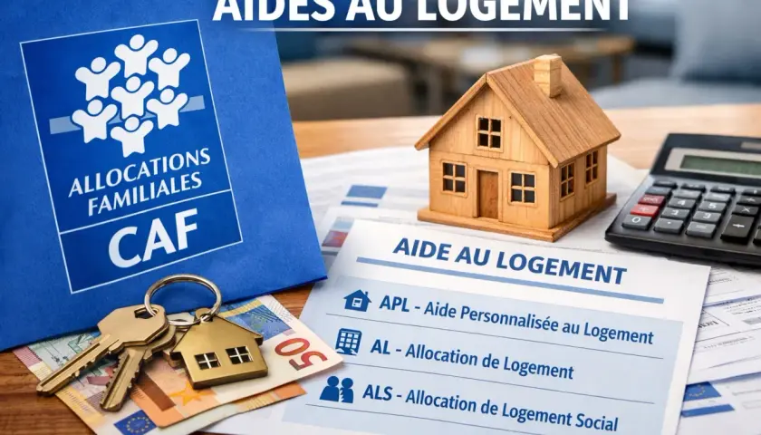 Dossier bleu CAF, maison en bois, clés, argent et calculatrice. Aide au logement : APL, AL, ALS.
