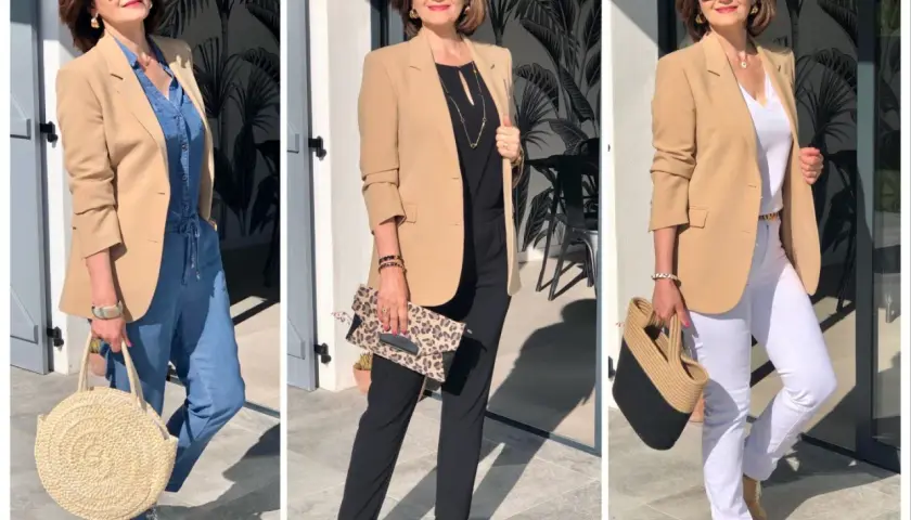 Une femme porte un blazer beige avec trois tenues différentes : une combinaison en jean, un tailleur noir et un pantalon blanc. C'est quoi un blazer ? C'est une veste chic et polyvalente.