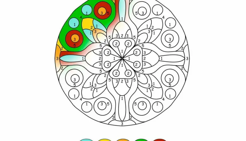 Kolorowanka mandala z numerami i legendą kolorów.